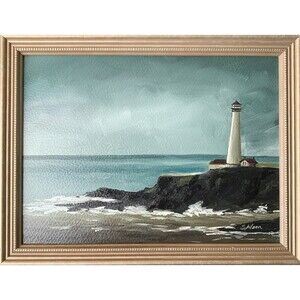 Framed Original Oil Landscape Pigeon Point Lighthouse California 10x13" Signed